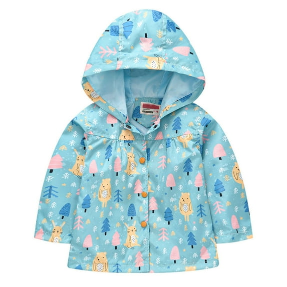 Durtebeua Lightweight Hooded Windbreaker for Toddler Girls - Cartoon Print Jacket for Spring/Fall Light Blue,12-18 Months