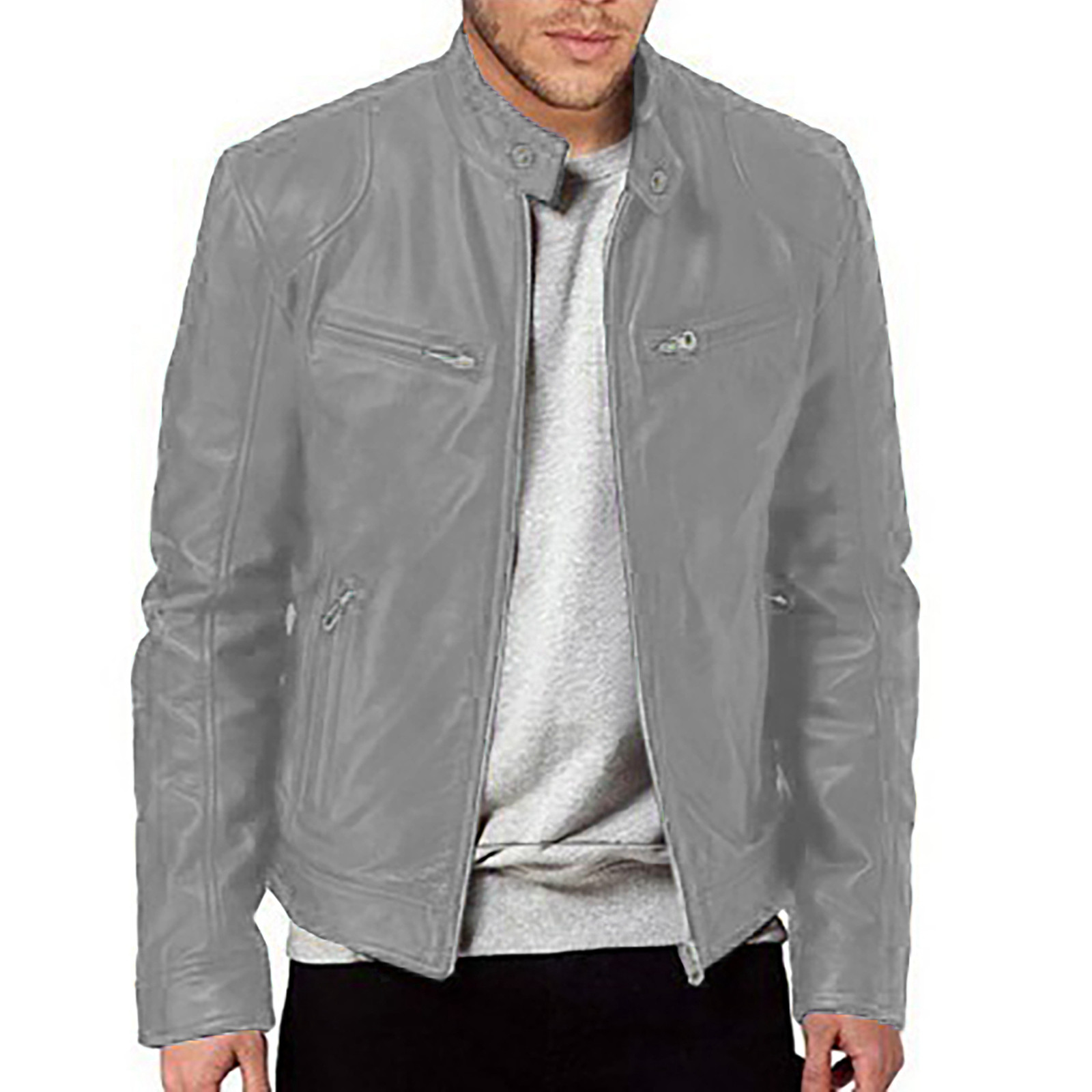 Durtebeua Men's Stand Collar Leather Jacket Hooded Bomber Leather Jacket