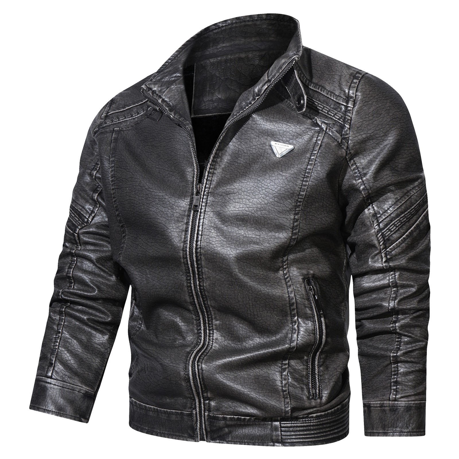 Durtebeua Men's Stand Collar Leather Jacket Long Sleeve VNeck Leather Jacket Warm Fit Thick