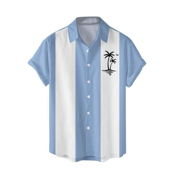 Durtebeua Men's Vintage Bowling Shirt Short Sleeve Button Down Summer Cuba Beach Shirts Blue,XL