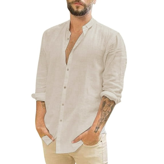 Durtebeua Mens Casual Long Sleeve Cotton Linen Shirts Buttons Down Solid Plain Roll-Up Sleeve Summer Beach Shirts Beige,M