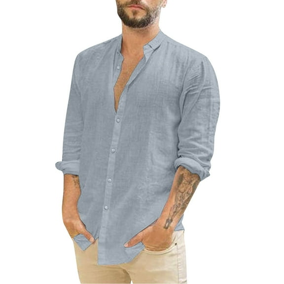 Durtebeua Mens Casual Long Sleeve Cotton Linen Shirts Buttons Down Solid Plain Roll-Up Sleeve Summer Beach Shirts Grey,M