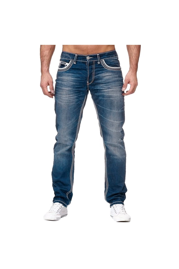 Mens Jeans Regular Fit Ripped Distressed Destroyed Denim Jeans Casual Straight Leg Trousers