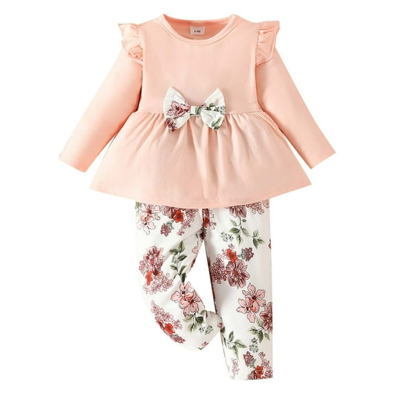Durtebeua Toddler Baby Girl Clothes Floral Outfit Ruffle Sleeve Shirt with Headband 3PC Pant Set Fall Winter Clothing for Girl Z02-Pink,2-3 Years