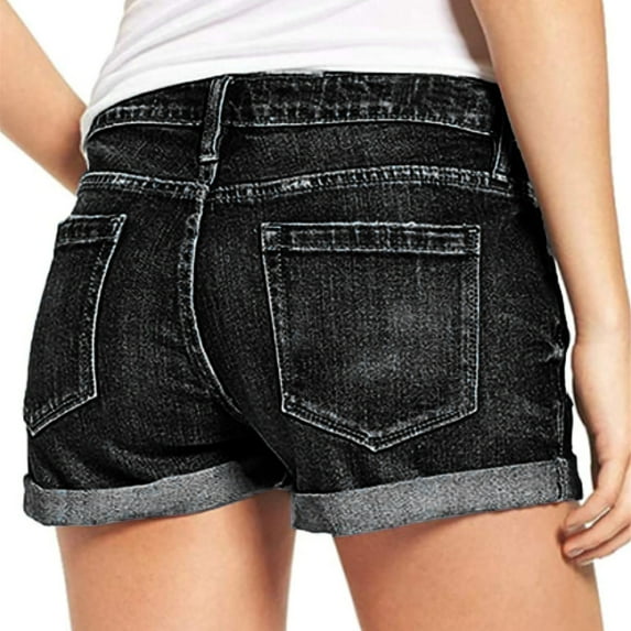 Durtebeua Women High Waisted Shorts Denim Folded Distressed Frayed Black S