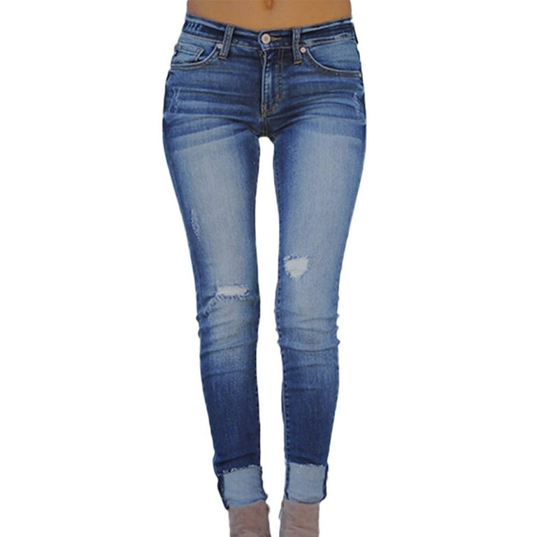Durtebeua Women Jeans High Waist Skinny Stretch Frayed Hem Denim Stretchy Skinny  Jeans Blue 2XL 