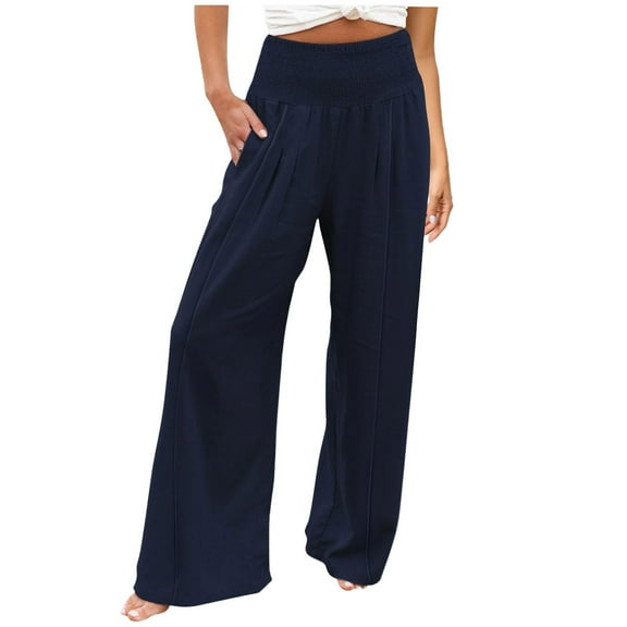 Durtebeua Women Linen Palazzo Pants Summer Boho Wide Leg High Waist Casual Lounge Pant 2024 Beach Travel Vacation Outfits Dark Blue,2XL