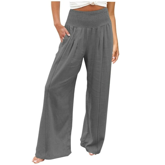 Durtebeua Women Linen Palazzo Pants Summer Boho Wide Leg High Waist Casual Lounge Pant 2024 Beach Travel Vacation Outfits Grey,L
