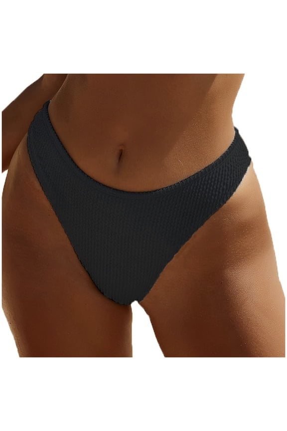 Women's Bikini Swim Bottom Briefs Ribbed High Cut Mid Waist Cheeky Bathing Suit Bottom Black,S