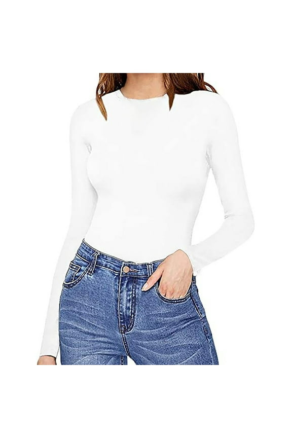 Women's Crew Neck Long Sleeve Bodysuit Second-skin Feel Tops Smoke Cloud Collection White,S