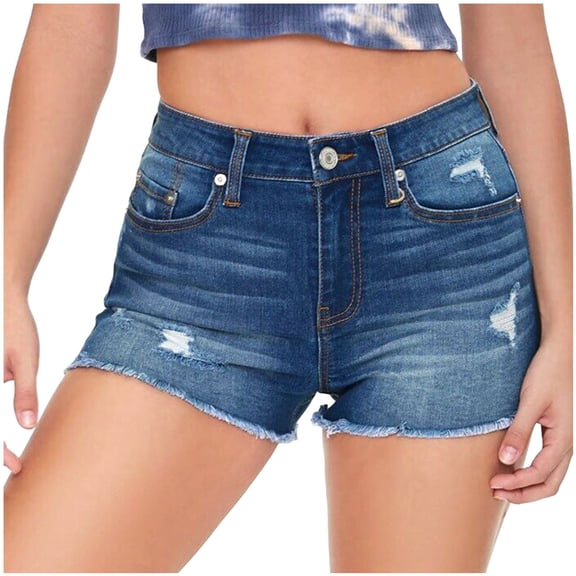 Durtebeua Women's High Waisted Shorts Frayed Raw Hem Ripped Denim Shorts Womens Shorts For Summer Blue S