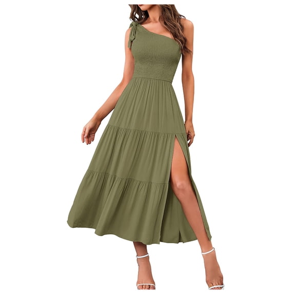 Durtebeua Women's Summer One Shoulder Sleeveless Knot Smocked Midi Dress Split Tiered Flowy Dresses GN1,L