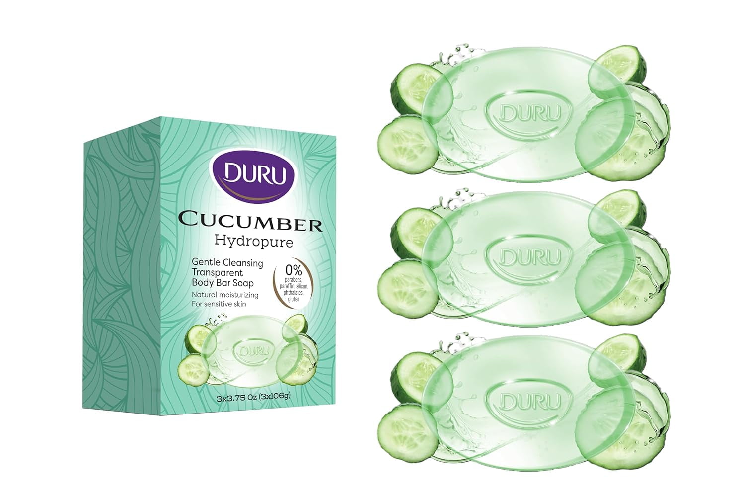 Duru Cucumber Glycerin Cleansing Bar Soap, 11.25 Oz (Pack of 3) | sensitive | vegan, transparent | paraben free, alcohol free, silicone free, phthalete free, gluten free