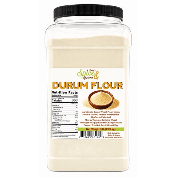 Durum Flour 5 lb - Premium Durum Wheat Flour for Homemade Pasta, Bread & Pizza Dough - Extra Fancy Fine Ground Baking Flour for Artisan Recipes - Bulk Resealable Container - Dashers Spice & Beans