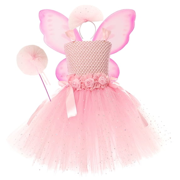 Duryarhall Fairy Costume Princess Dress for Girls with Wings Headwear Set for Halloween/Birthday Party, 2-12Y