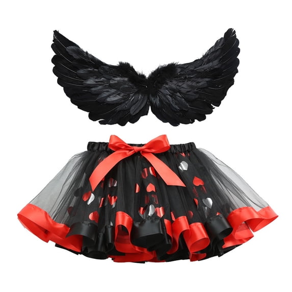 Duryarhall Girls Layered Tutu Skirt and Wing Set, Heart Tulle Mesh Sparkly Tutu Skirt