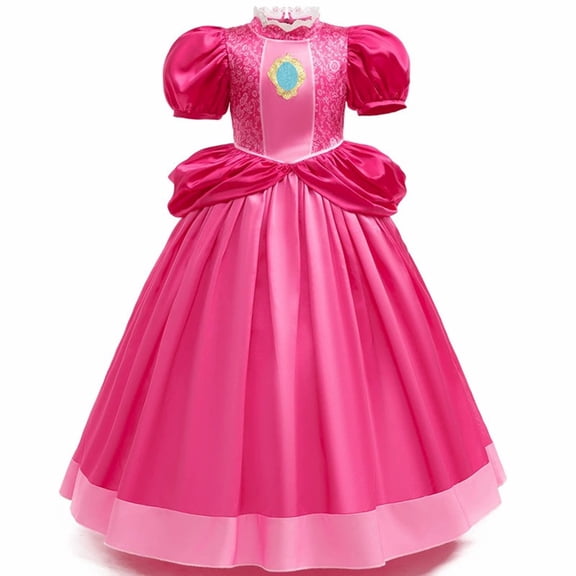 Duryarhall Pink Princess Costume for Girls Birthday Halloween Christmas Cosplay Dress Up Peach Crown Costume with Accessories 2-10Years