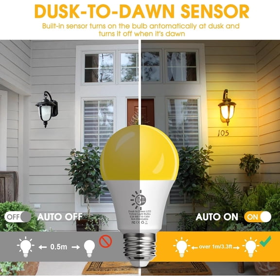 Dusk to Dawn 60W Equivalent A19 2000K Yellow LED Bug Light Bulbs Outdoor | Auto On/Off 9W LED Yellow Photocell Sensor Bulb Lights for Outside Porch Pool Patio Lights, 2 Pack