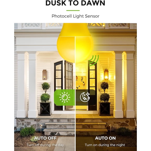 Dusk to Dawn Bug Light Bulb Outdoor, A19 Yellow LED Bug Light Bulbs, 9W Auto On/Off Bug Lights for Outside, Amber Porch Light Bulb 60W Equi, Non-Attracting, E26 Base for Backyard, 2 Pack