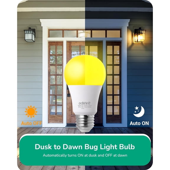 Dusk to Dawn Bug Light Bulbs Outdoor, 2000K Amber Glow Outdoor LED Light Bulb, Automatic On/Off, Yellow Light Bulb, 600LM, 9W(60W Equivalent), E26 Base, 4 Pack, UL Listed