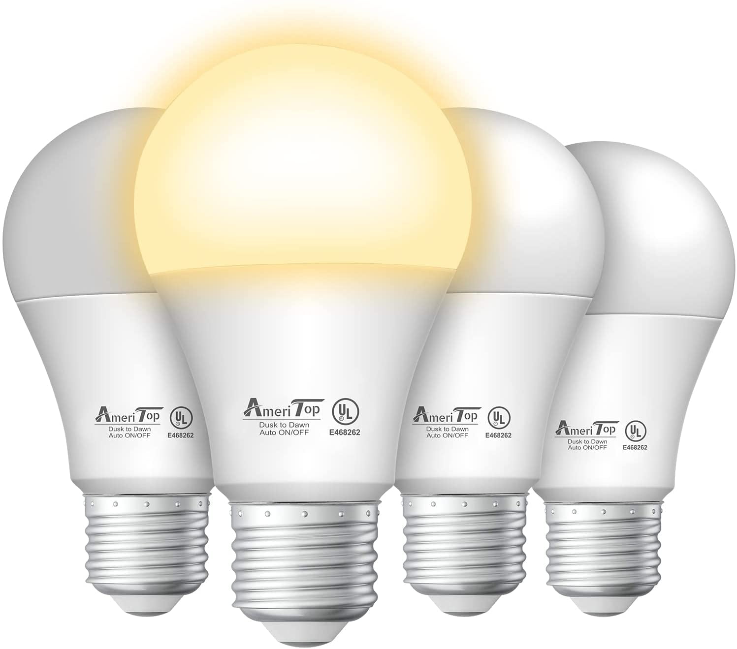 Dusk to Dawn Light Bulb- 4 Pack, AmeriTop A19 LED Sensor Light Bulbs; UL Listed, Automatic On/Off, 800 Lumen, 9W(60 Watt Equivalent), E26 Base, Indoor/Outdoor Lighting Bulb (3000K Warm White)