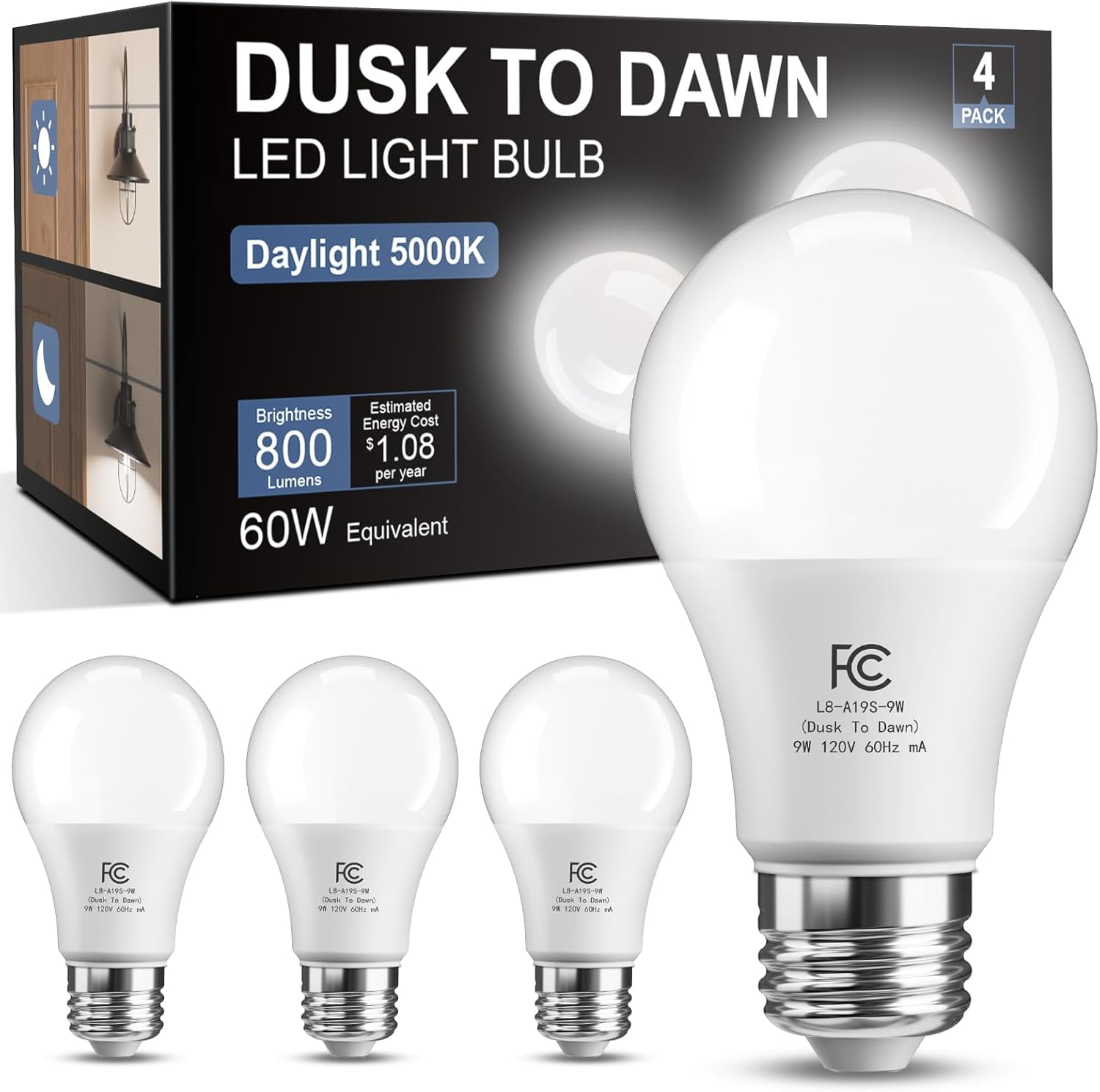 Dusk to Dawn Light Bulbs Outdoor, Light Sensor A19 LED Light Bulb ...