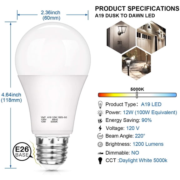 Dusk to Dawn Light Sensor Bulbs, A19 12W(100 Watt Equivalent) LED Light Bulbs, 1200 LM, E26 Base, Daylight White 5000K Outdoor Bulbs for Porch, 4-Pack
