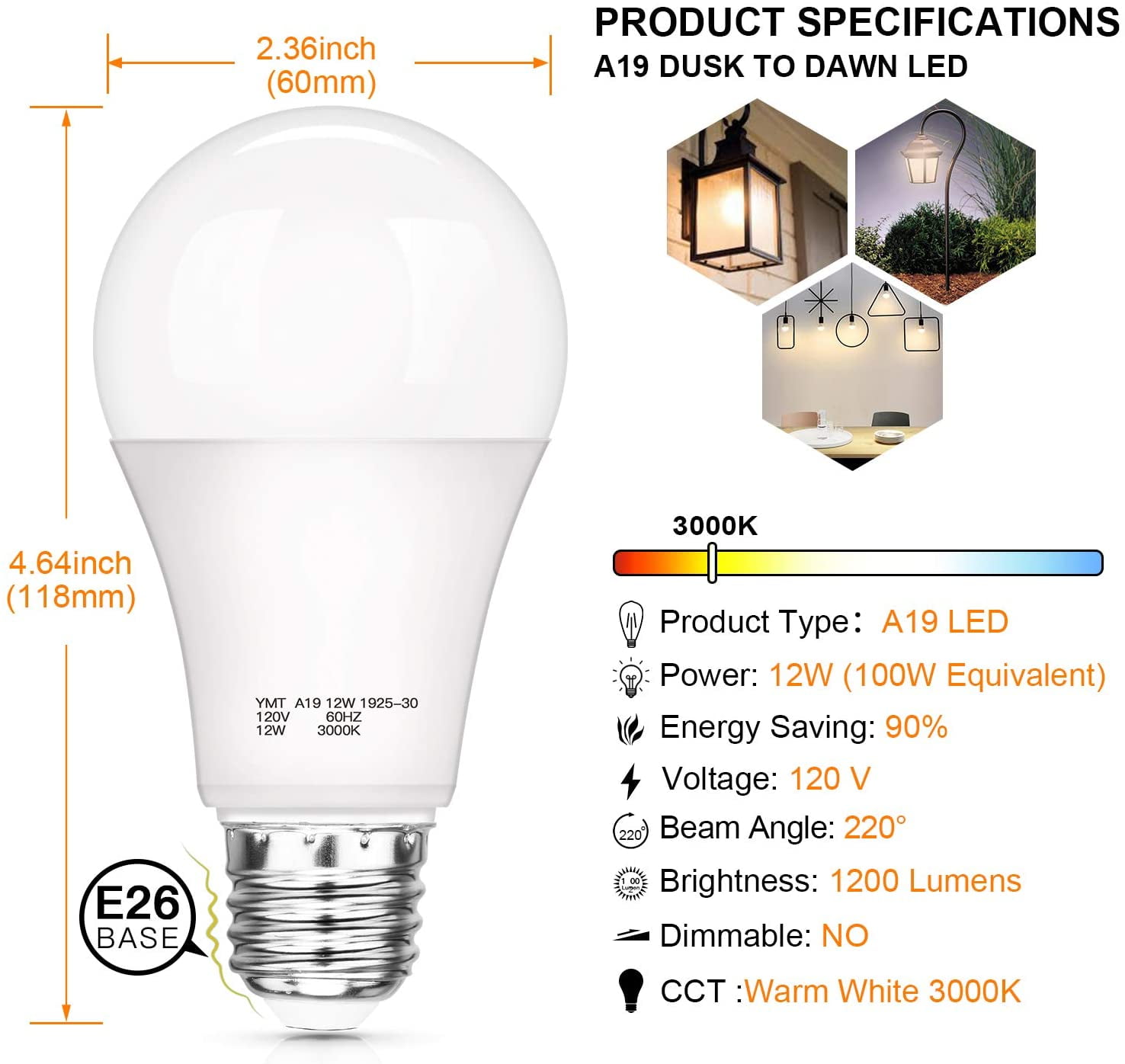 Dusk to Dawn Light Sensor Bulbs, A19 12W LED Auto On Off Light Bulbs, 1200 Lumens, E26 Base, Soft White 3000K Outdoor Indoor Lighting for Porch Garage Yard, 4-Pack