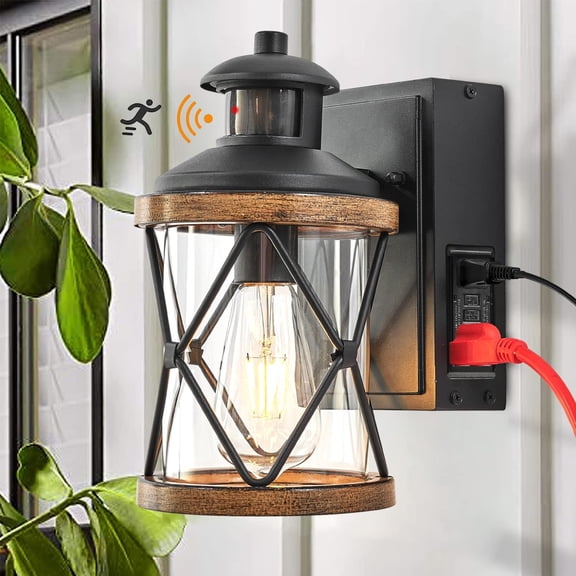 Dusk to Dawn Motion Sensor Outdoor Porch Light with Outlet, Lighting Modes Anti-Rust Waterproof Industrial Outdoor Lantern,Exterior Work lights Rustic Wood-Like Finish Wall Light