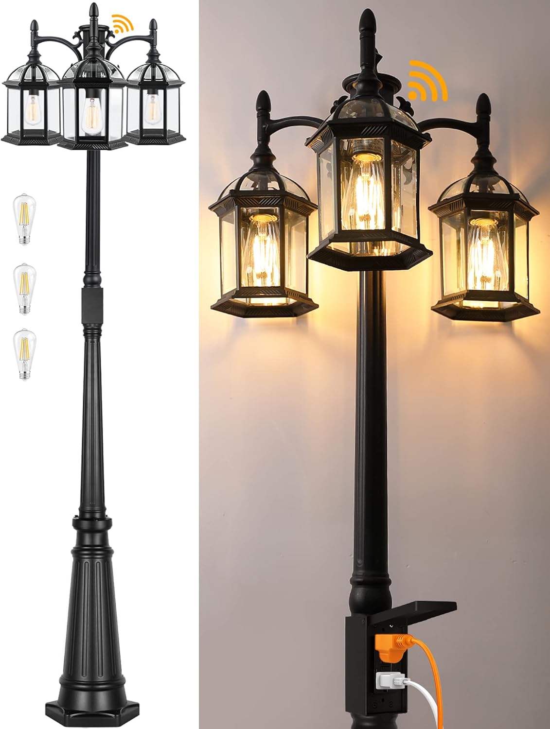 Dusk to Dawn Outdoor Lamp Post Light with GFCI Outlet, Triple Head