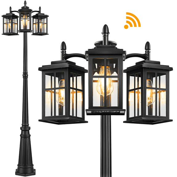 Dusk to Dawn Outdoor Lamp Post Light, Waterproof Outdoor Post Lights, Black Anti-Rust Light Poles for Outside, Modern 3-Head Lamp Posts Outdoor Lighting with Transparent Glass for Backyard