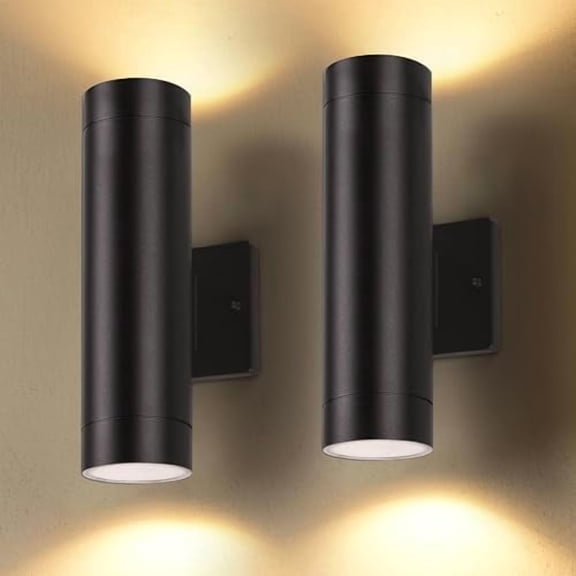 Dusk to Dawn Outdoor Wall Lights, 16W Integrated LED Cylinder Up-Down Sconce, 3000K Waterproof Aluminum Exterior Lighting, Matte Black Modern Porch and Entryway Wall Light Fixture, 2 Pack$$Tools &