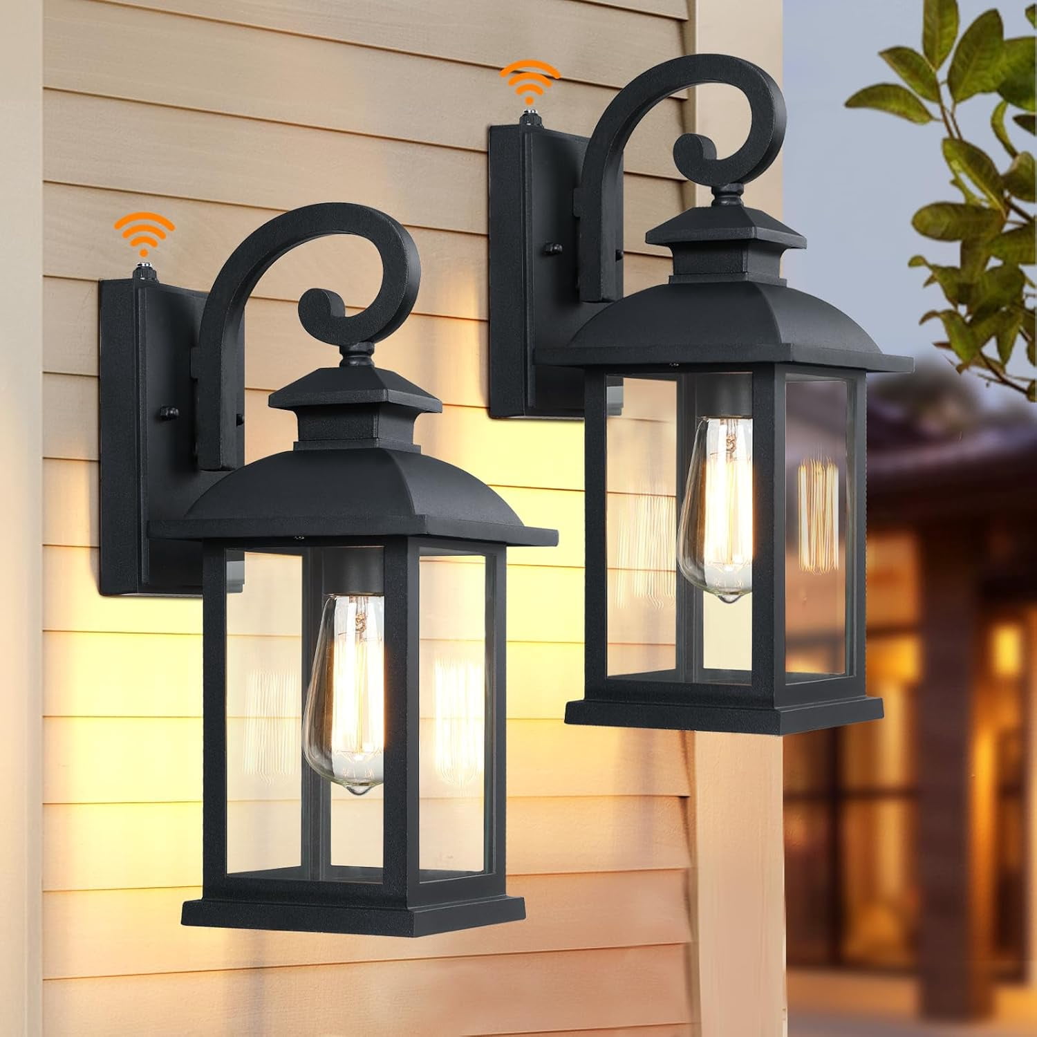 Dusk To Dawn Outdoor Wall Lights Set Of 2 - Black Farmhouse Sconces With Clear Glass & Faux Wood