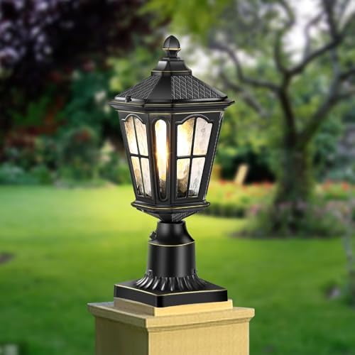 Dusk to Dawn Post Lights Hardwired 120V with Pier Mount Base, Anti-Rust Outdoor Pole Lantern Light Fixture with Water Ripple Glass, Outside Black Aluminum Exterior Lamp for Patio