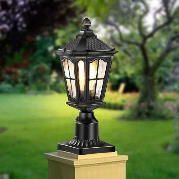 Dusk to Dawn Post Lights Hardwired 120V with Pier Mount Base, Anti-Rust Outdoor Pole Lantern Light Fixture with Water Ripple Glass, Outside Black Aluminum Exterior Lamp for Patio