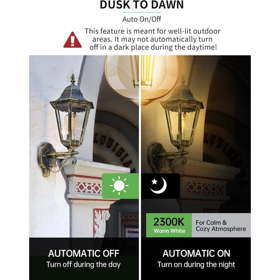 Dusk to Dawn ST19 LED Edison Light Bulbs, Vintage Amber Glass, 2300K Amber Warm, 6.5W=60W, Non-Dimmable Auto On/Off Light Sensing LED Filament Bulb Outdoor, 700LM, E26, 2-Pack, HQ-H027