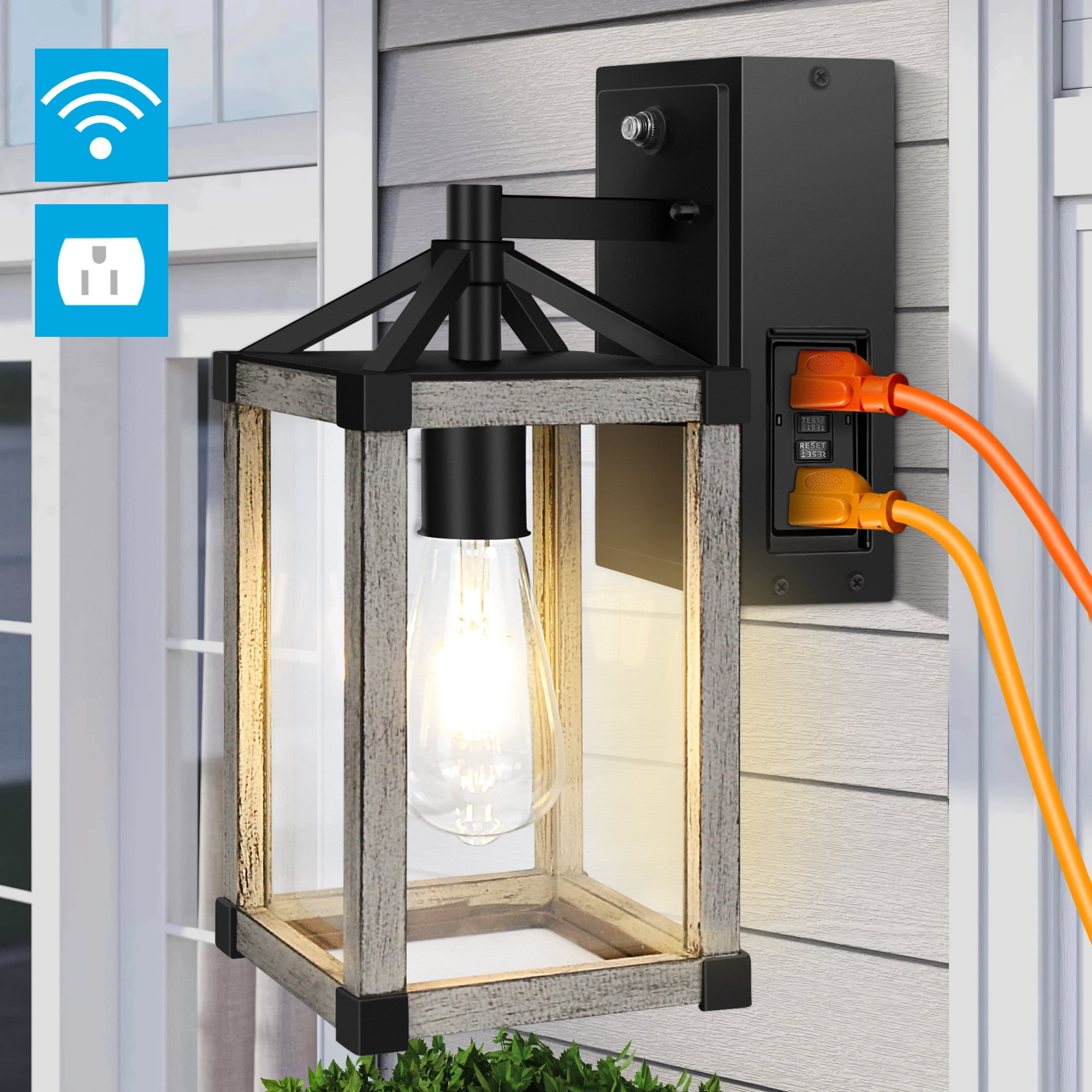 Dusk to Dawn Sensor Outdoor Porch Light with GFCI Outlet,Industrial Outdoor Wall Mount Light