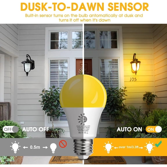Dusk to Dawn Yellow Bug Light Bulb Outdoor, 6W LED Amber Bulbs 40W Equivalent for Outside, Auto On/Off, 2000K, 500LM, E26 Base Bug Lights for Porch, Patio, Backyard, 2 Pack