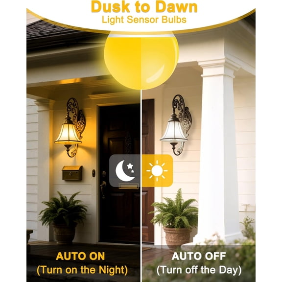 Dusk to Dawn Yellow Bug Light Bulbs Outdoor, 9W (60W Equivalent) Amber 2000K LED, Auto Sensor Light Bulb for Outside, Backyard, Porch, Bedroom, Auto On/Off, Non-Attracting, E26 Base, 2 Pack