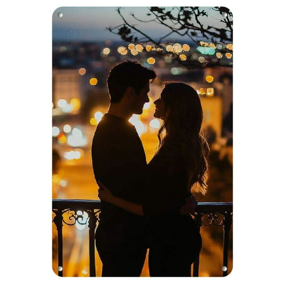 Dusk Embrace" 8x12in Metal Tin Wall Art - Romantic Couple Silhouette with Sunset & Railing Design, Frameless Iron Decor, Wall Art