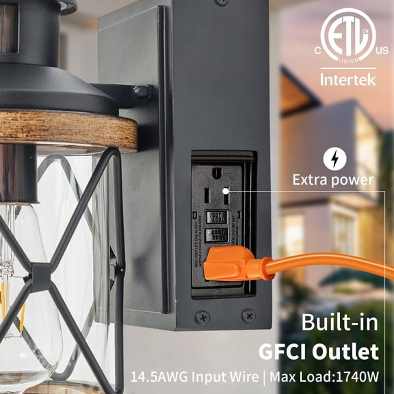Dusk to  Motion Sensor Outdoor Porch Light with GFCI Outlet, Anti-Rust Waterproof Industrial Outdoor Lantern,  ETL Listed, Exterior Work Lights Rustic Wall Light