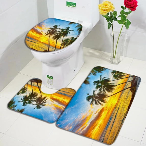 Dusk Ocean Landscape Bath Mat Set Beach Coconut Tree Sunset Nature Scenery Home Carpet Bathroom Decor Floor Rug Toilet Lid Cover