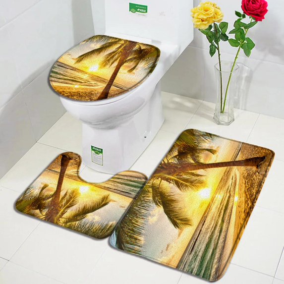 Dusk Ocean Landscape Bath Mat Set Beach Coconut Tree Sunset Nature Scenery Home Carpet Bathroom Decor Floor Rug Toilet Lid Cover