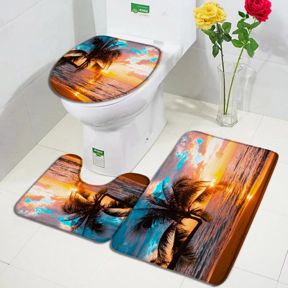 Dusk Ocean Landscape Bath Mat Set Sunset Coconut Tree Sea Wave Beach Nature Scenery Bathroom Decor Non-Slip Rug Toilet Lid Cover