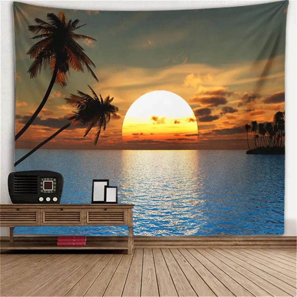 Dusk Ocean Landscape Tapestry Ocean Beach Coconut Trees Sea Turtle