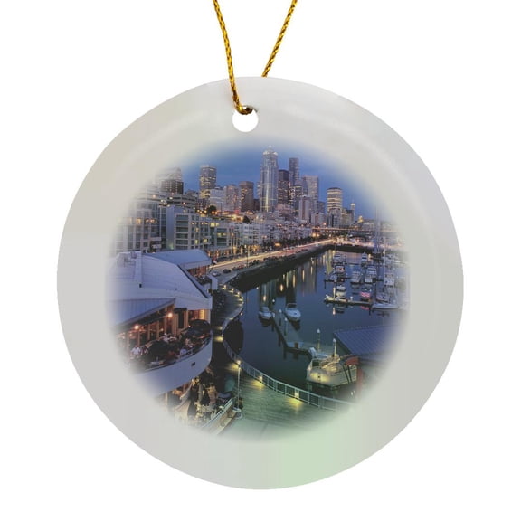 3drose, Dusk on Bell Harbor in Seattle, Washington - Us48 Rdu0008 - Richard Duval, Circle Porcelain Ornament