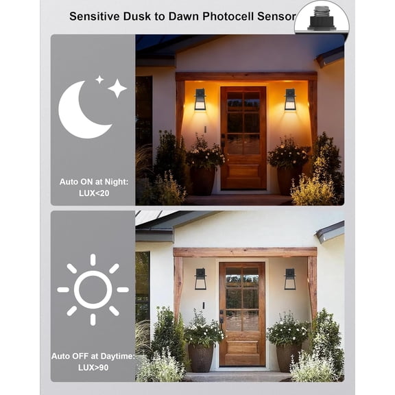 Dusk to Outdoor Lighting, 3000K 4000K 5000K 10W Porch Light Fixture, Modern Black Water Ripple Glass Wall Lights Waterproof for , Entryway, Garage,100-120V