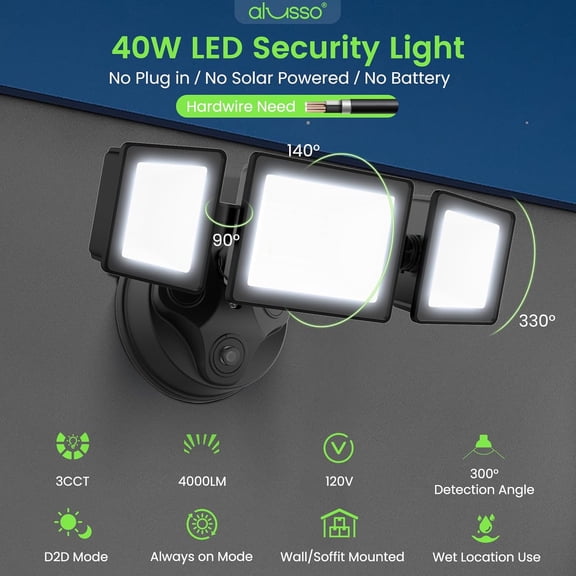 Dusk to  Outdoor Lighting, 40W 4000LM Dusk Till  Outdoor Light, 3000K/4000K/6000K 3CCT IP65 3 Heads Security Lights Dusk to  for House Garage Yard Walkway 2 Pack Black
