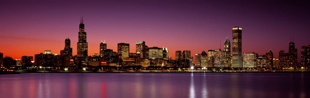 Dusk Skyline Chicago Illinois USA Canvas Art - Panoramic Images (27 x 9)