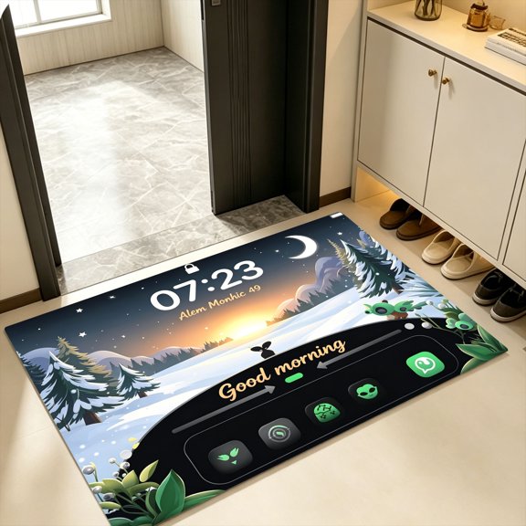 Dusk Snow Pine Hill HUD Lock Screen Custom Name Clock Doormat, Bedroom Hallway Entry Rug, Halloween Serene Winter Minimal Mobile Interface Decor Gift